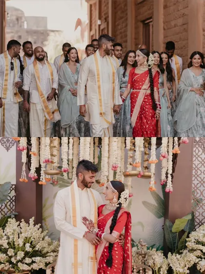 A collage showcasing moments from a bi-cultural wedding, including the bride in her beautiful red South Indian saree. We are experienced in documenting the unique rituals of different cultures.