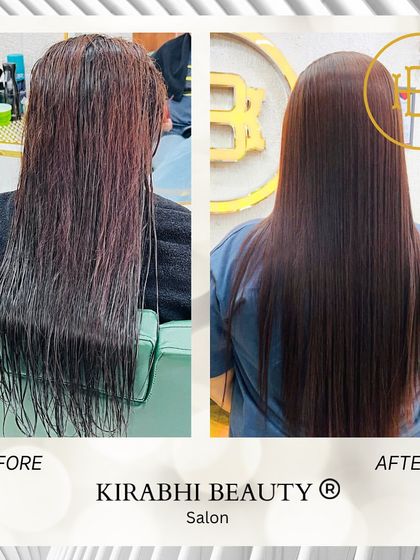 This before and after shows a keratin repair treatment that turned wet, unmanageable hair into a perfectly smooth and straight style. The result is glossy, healthy-looking hair that's easy to style.