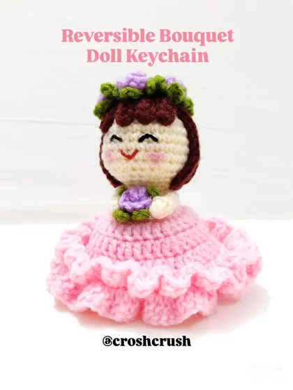 This reversible bouquet doll is two gifts in one. It starts as a beautiful floral bouquet and flips inside out to reveal an adorable doll in a pink frilly dress with a flower crown.