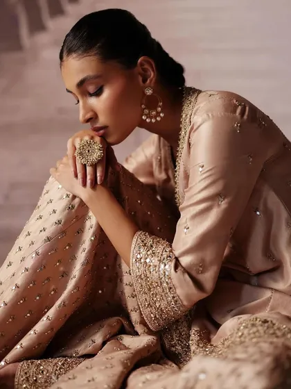 A close-up on the intricate details of this sharara set from the AR by Rhea Kapoor shoot. The craftsmanship is truly beautiful.