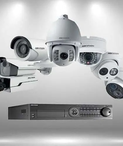 A product family shot of various Hikvision cameras and a Network Video Recorder (NVR). We offer a wide range of security products to build a customized solution for you.
