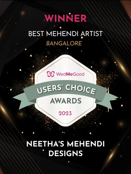 I am honored to be recognized with the WedMeGood Users' Choice Award for Best Mehendi Artist in Bangalore. This is a testament to the love and trust my wonderful clients put in me.