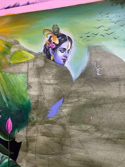 A close-up of the painting in its early stages, focusing on the initial sketch and base layers of paint.