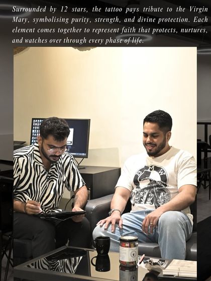 The consultation process for a deeply personal and spiritual tattoo. We take the time to understand the meaning and ensure the design is respectful and accurate.