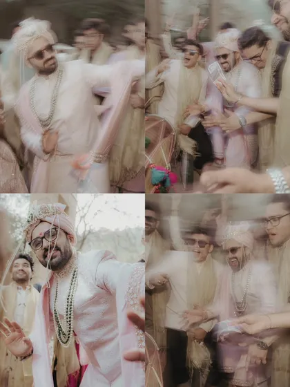 An artistic take on the baraat, using motion blur to convey the high energy and fast-paced excitement of the groom's dance-filled procession.