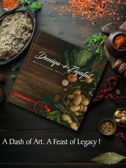 We also support our artists' ventures outside the gallery. Here is the cover of 'Duniya-e-Ziyafat,' a unique cookbook by renowned artist Ms. Badrunissa Irfan, blending art with culinary legacy.