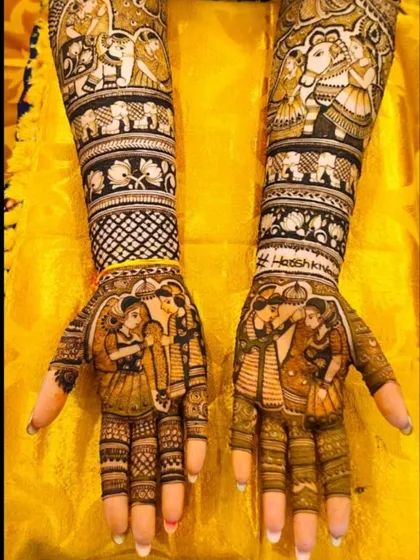 A heartwarming design that tells a family story, with portraits of the couple and their child, celebrating their bond.