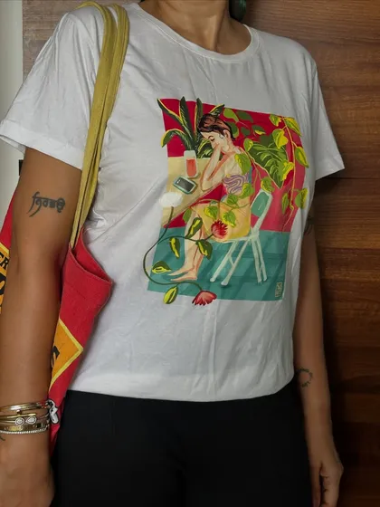 Here is my 'A Moment of Rest' illustration on a comfy, high-quality printed t-shirt. It’s a wearable reminder to take a moment for yourself, surrounded by the calm of nature. This design is also available on tote bags.