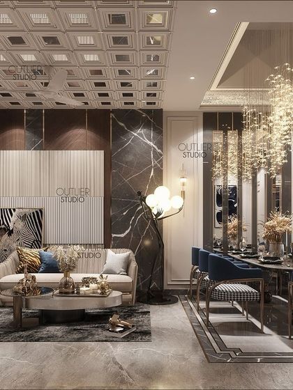 A different color scheme in the same space shows its versatility. Here, deep blues and houndstooth patterns create a more classic and formal feel, demonstrating how I tailor the final design to a client's personal taste.