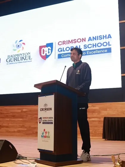 Mr. Gopichand addressing the students and faculty at Crimson School, sharing his vision for sports education.