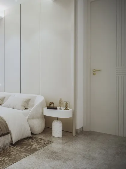 A minimalist bedroom in a Delhi residence, featuring a sculptural bed and clean, paneled walls. The render focuses on form and a serene, all-white palette.