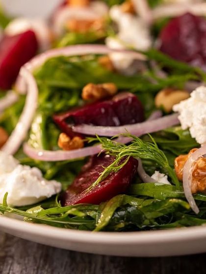 Another angle of our popular smoked beetroot salad, showing the vibrant colors and fresh ingredients.