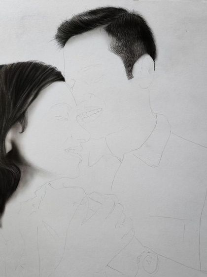 The beginning stages of the portrait, with only the hair rendered. This shows how I build the drawing piece by piece.