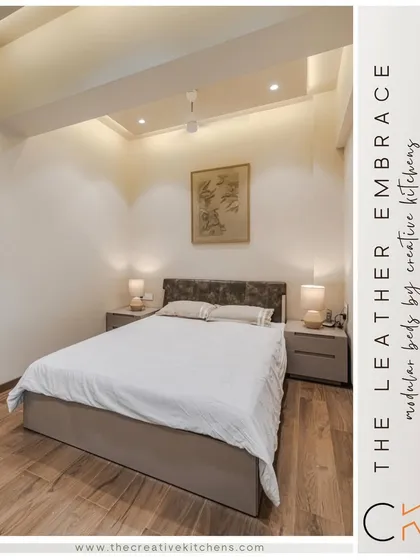 The "Leather Embrace" modular bed is designed for both form and function. The textured leather headboard adds a touch of luxury, while the integrated storage provides a practical solution for modern living.