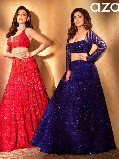 A vibrant shot featuring Kajal and Nisha in bold red and blue lehengas for Aza Fashions. I styled Kajal's hair with classic waves to balance the dazzling outfits.