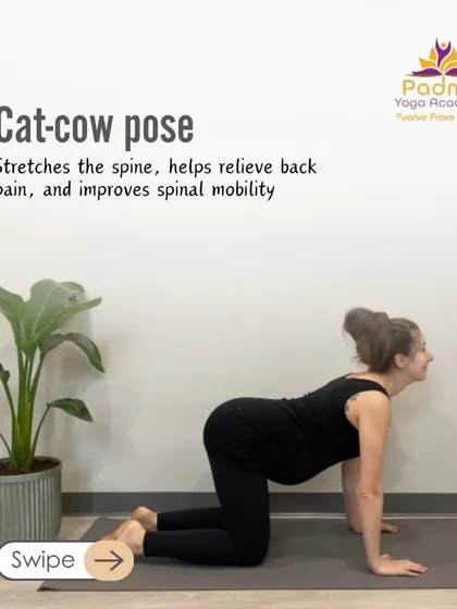 Cat-Cow Pose is perfect for relieving back pain during pregnancy and improving spinal mobility.