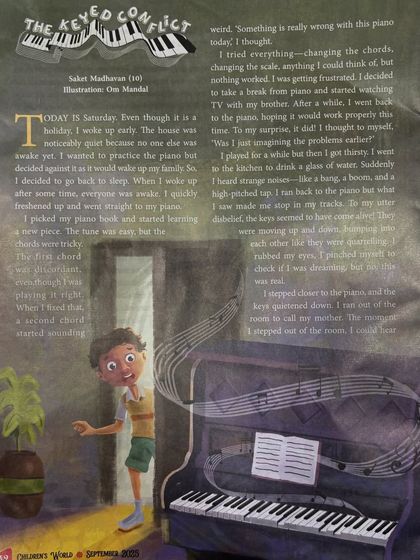 A look inside the magazine at Saket's story, "The Keyed Conflict." It's wonderful to see our students expressing their love for music in such creative ways.