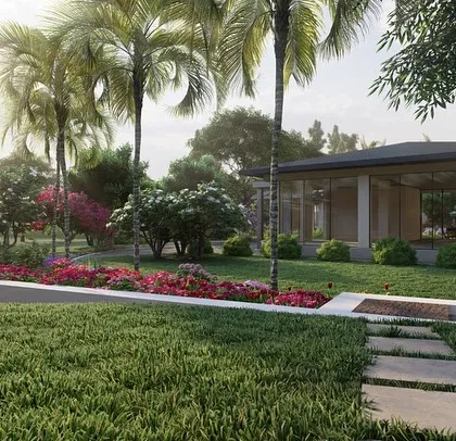 Our 3D design for the Alibag villa showcases the colorful flowerbeds planned for the front lawn, adding a vibrant welcome to the property.