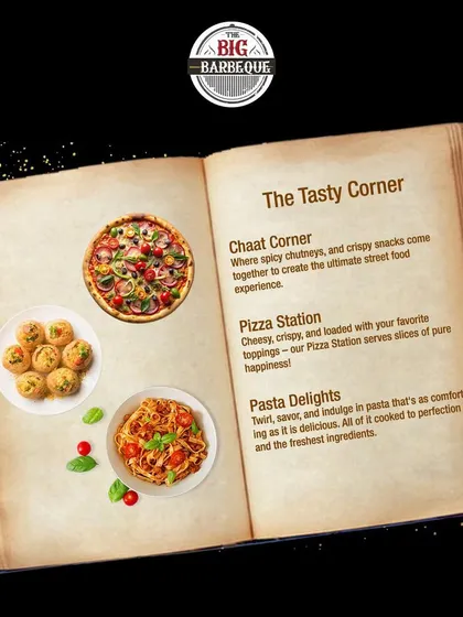 Welcome to The Tasty Corner. Our menu book highlights our popular live stations, including the Chaat Corner for street food delights, the Pizza Station for cheesy slices, and the Pasta Station for comforting bowls.