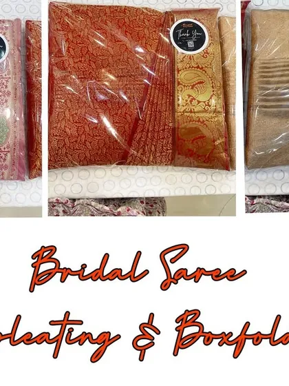 This is what you get when you book my service for a wedding. Each bridal saree is meticulously pre-pleated, ironed, and packed in its own box, ready for the different functions. Tradition, made easy and organized.