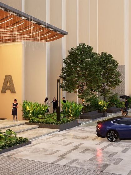 The drop-off point at the podium level of Marian Park, featuring a dramatic, wave-like canopy. The surrounding planters and clean paving create a welcoming and functional entrance to the apartment tower, with a clear view of the city beyond.
