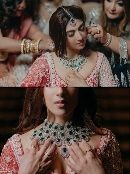 A diptych showing the details of Sharun's emerald necklace and the moment her bridesmaids help her get ready. It's a beautiful capture of bridal details and friendship.