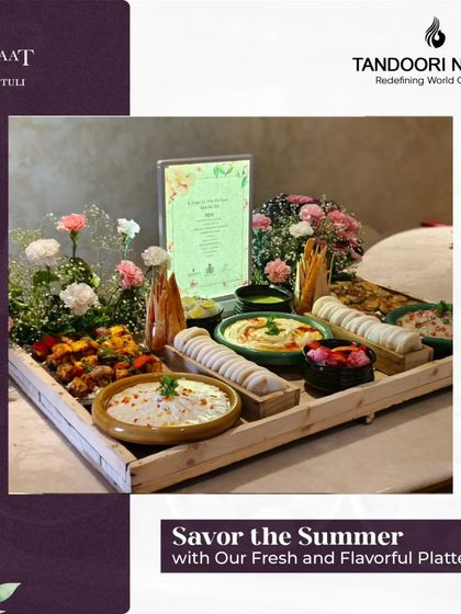 Savor the summer with our fresh and flavorful platters. This chilled platter features a variety of dips, kebabs, and rolls, perfect for beating the heat.