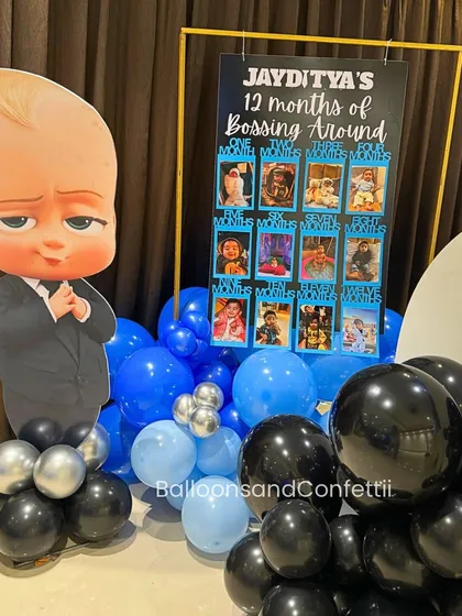 A personalized '12 months of Bossing Around' milestone board is a great way to add a personal touch to a first birthday party.