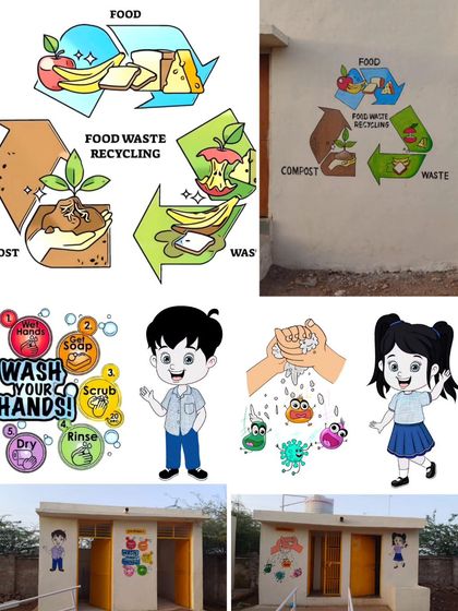 Murals about food waste recycling and handwashing, demonstrating how art can be used for practical education.