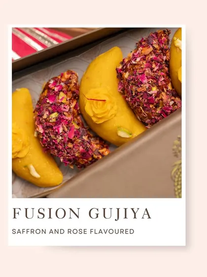 A modern take on a festive classic. My fusion gujiyas are flavored with saffron and rose, offering a unique and aromatic twist on the traditional Holi sweet.