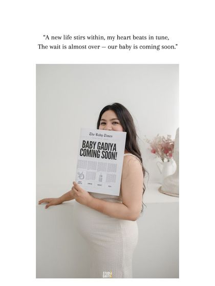 A creative announcement shot with the mother-to-be holding a custom newspaper declaring "Baby Gadiya Coming Soon!"