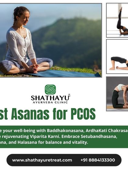 An infographic detailing the best yoga asanas for managing PCOS. We provide targeted yoga therapy for specific health concerns, integrating the wisdom of Ayurveda and yoga.