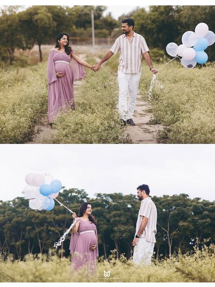 A two-photo collage showing the couple walking and interacting in a field. Using props like balloons adds a touch of whimsy and fun to the maternity session.
