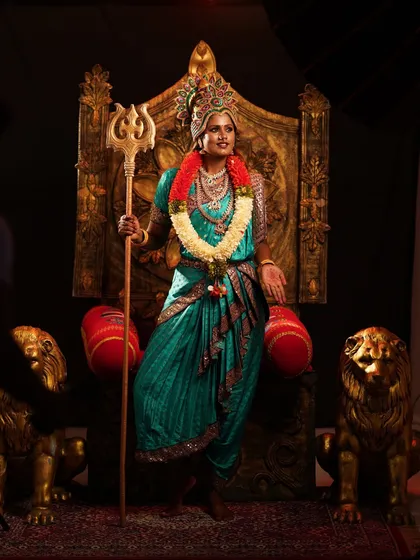 Another powerful Devi look, this time in a teal saree with a trident. The entire set, including the throne and lion statues, is available at my studio.