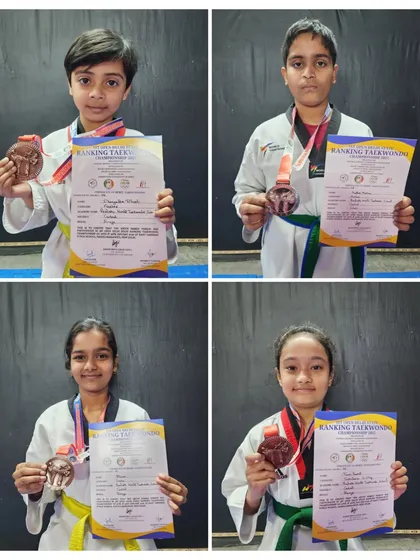 Bronze medal winners from the 1st Open Delhi State Ranking Taekwondo Championship 2025, showing the depth of talent in my academy.