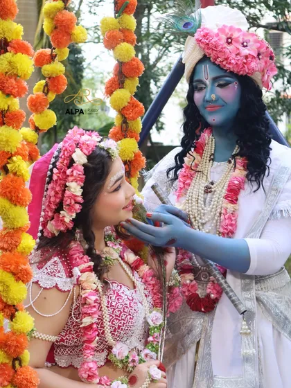 A beautiful moment captured between Radha and Krishna. This look was created for a Janmashtami celebration, showcasing the divine love between them.