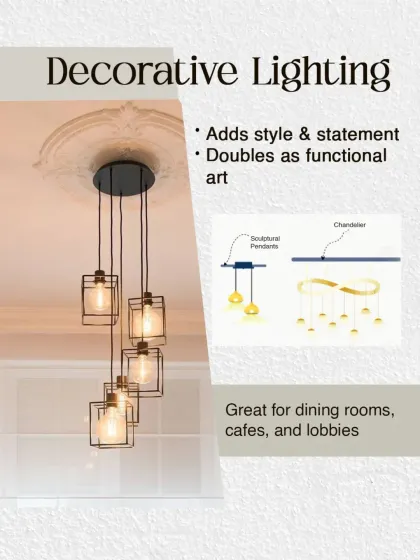 Decorative lighting, like chandeliers and pendants, adds style and acts as functional art. It is perfect for making a statement in dining rooms, lobbies, and cafes.