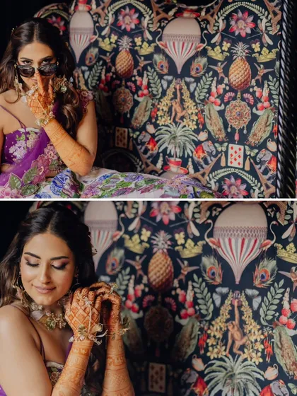 A collage of the bride, showing both her playful side with sunglasses and her serene, elegant side.