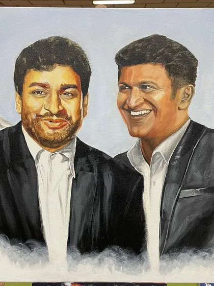 My award-winning acrylic portrait of the beloved Kannada actors, the late Dr. Rajkumar and his son, the late Puneeth Rajkumar. This painting was a tribute to their legacy and I was honored that it won first prize in a competition at the Lalbagh flower show.