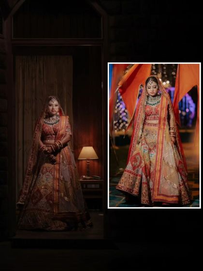 A diptych архитектурный of Srishti's bridal portraits, one in a dark, dramatic setting and another in a more traditional, bright one.