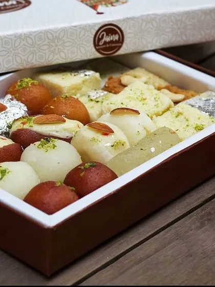 An open view of our classic assorted mithai box. I make sure to include a wide variety so there's a favourite for everyone in the family.