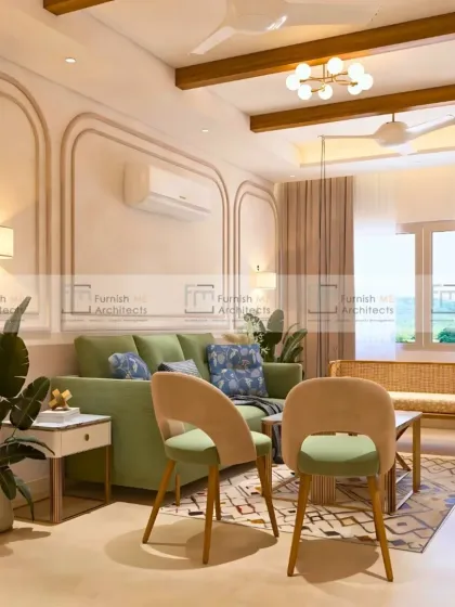 This angle highlights the wall molding and the soft, ambient lighting from the wall sconces. These details add a layer of classic charm to the otherwise modern living room, creating a timeless feel.