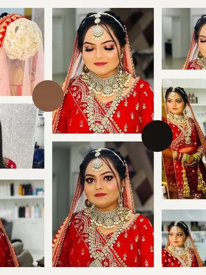 A comprehensive collage showing a bridal makeup transformation. It includes a before shot, close-ups of the makeup, and the final look with a beautiful hair bun adorned with flowers.