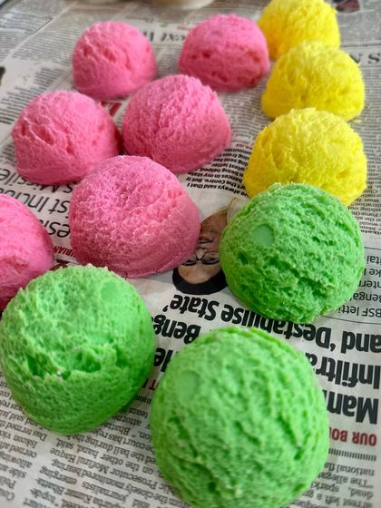 The magic step! Here are the freshly hand-scooped soap tops, looking just like real ice cream, ready to be placed on their cones.