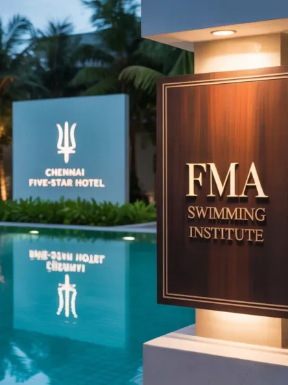 I partner with the best in the hospitality industry. This image showcases my brand presence at a luxury five-star hotel in Chennai, where I provide complete aquatic staffing and management services, ensuring their guests receive a world-class pool experience.