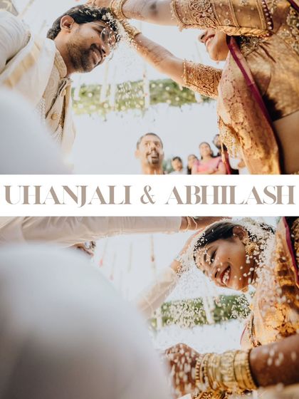 A beautiful collage from Uhanjali and Abhilash's wedding, capturing the playful and sacred moments of their ceremony.
