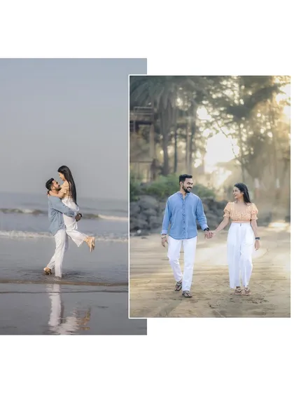 Two moments from a beach shoot: a playful lift in the water and a romantic walk in the sun-drenched woods nearby.