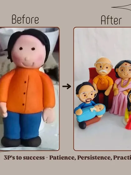 The 3 P's to success: Patience, Persistence, and Practice. This before-and-after of my fondant figurines shows how much my skills have evolved over time.