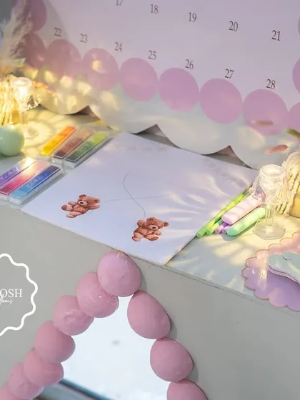 A close-up of the game station, complete with markers and stickers for guests to use.
