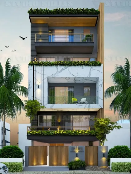 This design for a 200 sq. yard home in Ashok Vihar features a striking white marble-patterned block on the second floor. This bold element serves as the centerpiece of the facade.